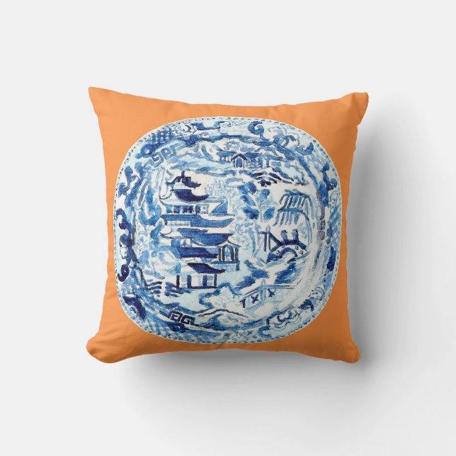 CHINOISERIE PLATE ON TANGERINE CUSHION (Front)