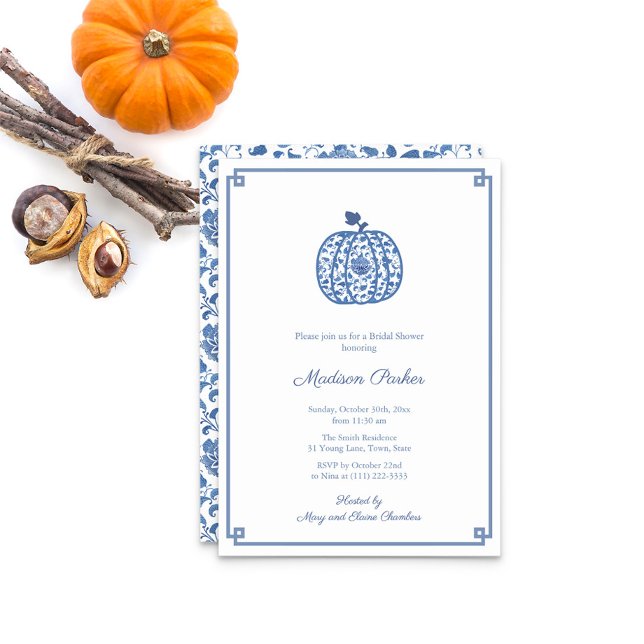 Chinoiserie Pumpkin Blue And White Bridal Shower Invitation (Watercolor Blue And White Chinoiserie Pattern Bridal Shower Party Invitation)