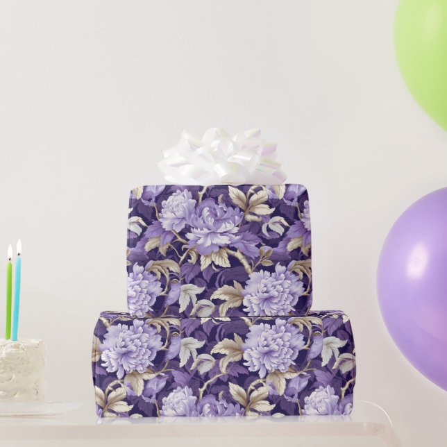 Chinoiserie Purple Gold Floral Painting Wrapping Paper (Party Gifts)