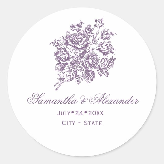 Chinoiserie Purple Roses Bouquet Victorian Wedding Classic Round Sticker (Front)