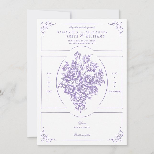 Chinoiserie Purple Roses Bouquet Victorian Wedding Invitation (Front)