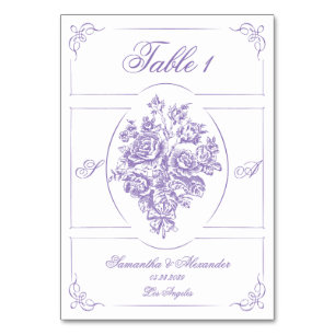 Chinoiserie Purple Roses Bouquet Victorian Wedding Table Number