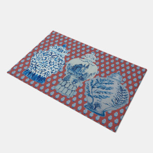 Chinoiserie Red Blue White Ginger Jars Doormat