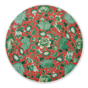 Chinoiserie Red Green Floral Chintz Ceramic Knob