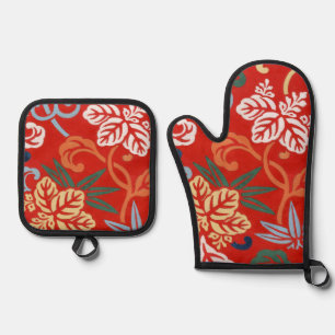 Chinoiserie Red Hawaiian Floral Japanese Kimono Oven Mitt & Pot Holder Set
