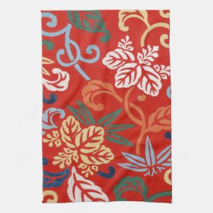 Chinoiserie Red Hawaiian Floral Japanese Kimono Tea Towel
