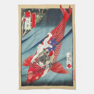 Chinoiserie Red Koi Carp & Heroic Boy Print Tea Towel