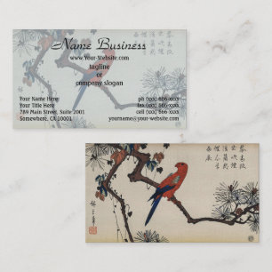 Chinoiserie Red Parrot & Zen Pine Woodblock Business Card