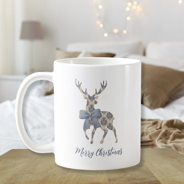 Chinoiserie Reindeer  Coffee Mug (White "Merry Christmas" Coffee Mug with reindeer silhouette in blue toile pattern with coquette bow )