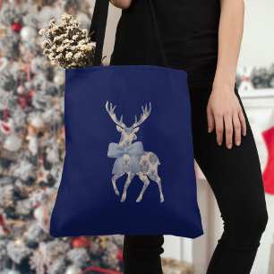 Chinoiserie Reindeer Navy Christmas Tote Bag