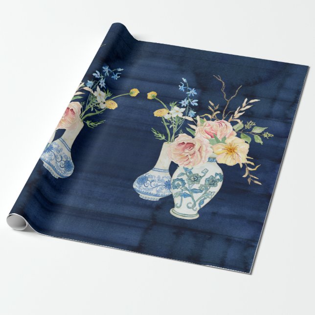 Chinoiserie Rose Peony Flowers Navy Blue Wood Wrapping Paper (Unrolled)