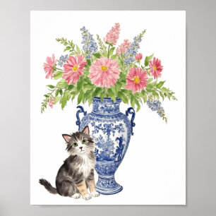 chinoiserie style cat with vase colourful flower poster