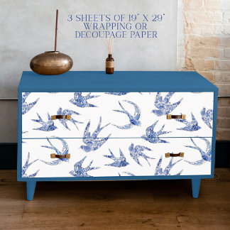 Chinoiserie Swallow Bird Blue and White Decoupage Wrapping Paper Sheet