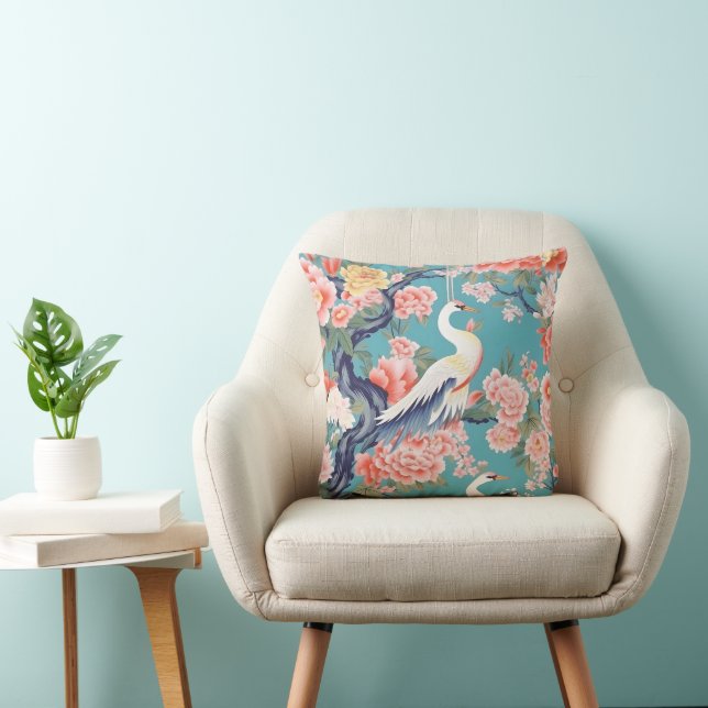 Chinoiserie Teal Floral Egret Cushion (Chair)