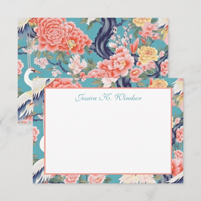 Chinoiserie Teal Floral Egret Personalised Thank You Card (Front/Back)
