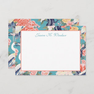 Chinoiserie Teal Floral Egret Personalised Thank You Card