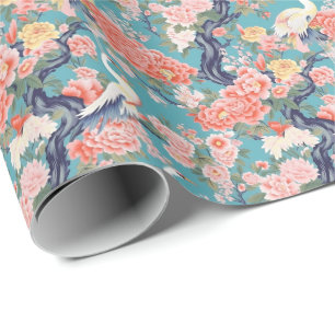 Chinoiserie Teal Floral Egret Wrapping Paper