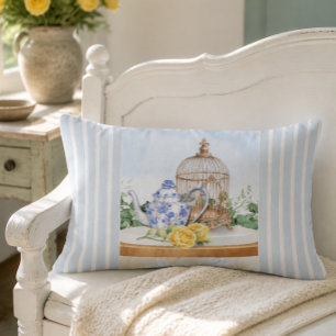 Chinoiserie Teapot Yellow Rose and Birdcage Lumbar Cushion