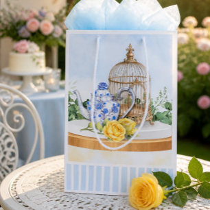 Chinoiserie Teapot Yellow Rose and Birdcage Medium Gift Bag