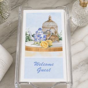 Chinoiserie Teapot Yellow Rose and Birdcage Napkin