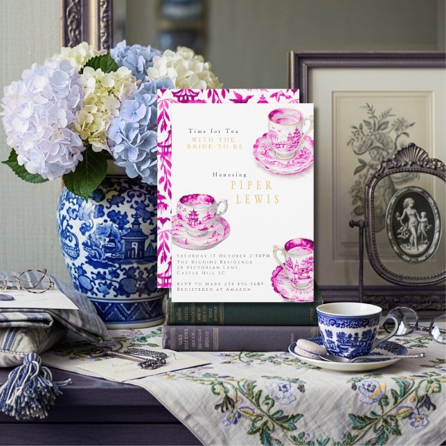 Chinoiserie Time for Tea Bridal Shower Pink  Invitation (Chinoiserie Time for Tea Bridal Shower Pink Invitation)