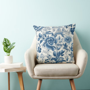 Chinoiserie Toile Blue and White Peonies Floral Cushion