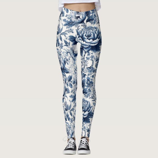Chinoiserie Toile Blue White Peonies Floral Flower Leggings (Front)
