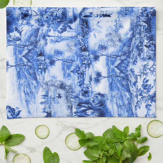 Chinoiserie toile,blue willow,blue china    tea towel (Folded)