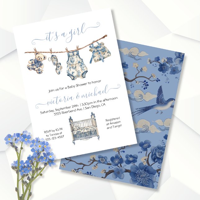 Chinoiserie Toile Clothesline Baby Shower Girl Invitation (Creator Uploaded)