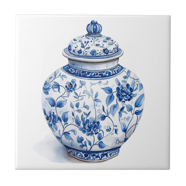 Chinoiserie Toile De Jouy Jar Ceramic Tile (Front)