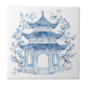 Chinoiserie Toile De Jouy Pagoda Ceramic Tile