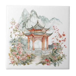 Chinoiserie Toile De Jouy Pagoda Ceramic Tile