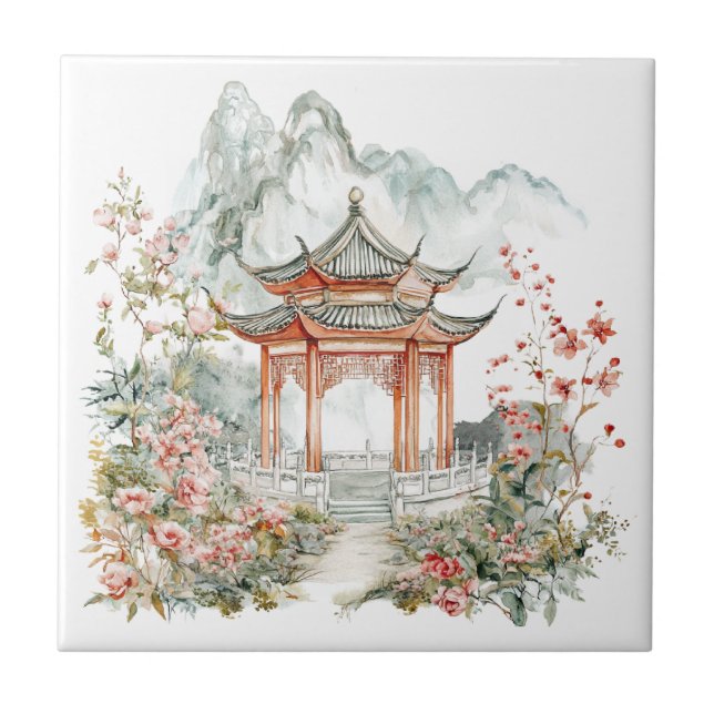 Chinoiserie Toile De Jouy Pagoda  Ceramic Tile (Front)