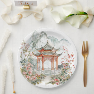 Chinoiserie Toile De Jouy Pagoda Paper Plate