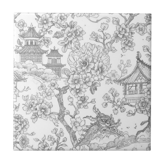 Chinoiserie Toile Dragon Cherry Blossom Ornamental Ceramic Tile (Front)