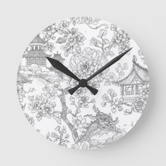 Chinoiserie Toile Dragon Cherry Blossom Ornamental Round Clock (Front)