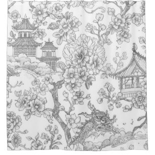 Chinoiserie Toile Dragon Cherry Blossom Ornamental Shower Curtain