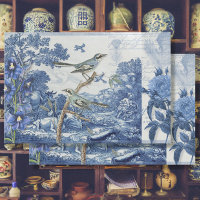 Chinoiserie Toile Floral Blue White Script Collage