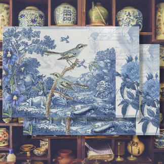 Chinoiserie Toile Floral Blue White Script Collage Tissue Paper