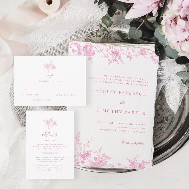 Chinoiserie Toile Pink Floral Wedding Invitation (Creator Uploaded)