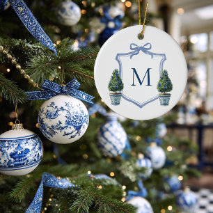 Chinoiserie Topiary Monogrammed Crest Christmas Ceramic Ornament