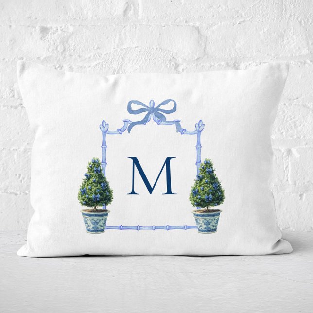 Chinoiserie Topiary Monogrammed Crest Decorative Cushion (Bamboo crest topiary lumbar pillow)