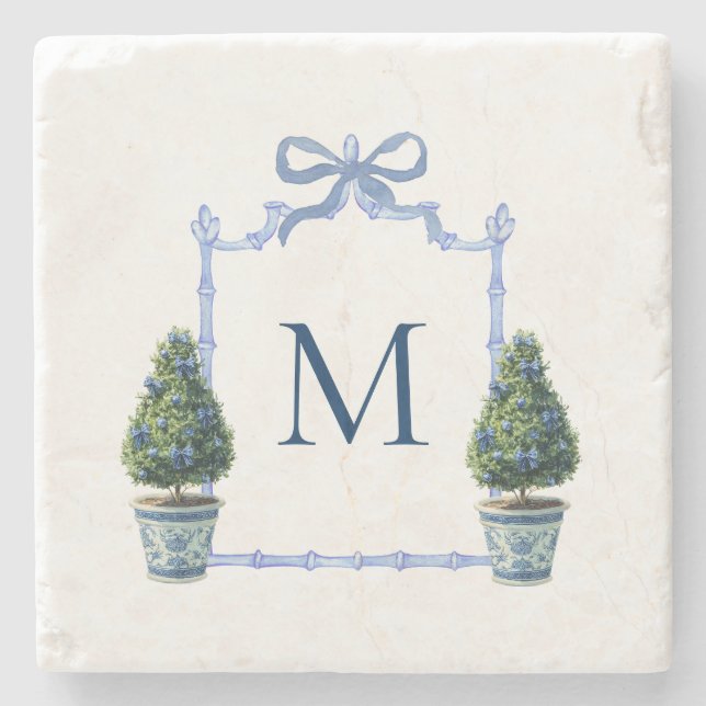 Chinoiserie Topiary Monogrammed Crest Stone Coaster (Front)