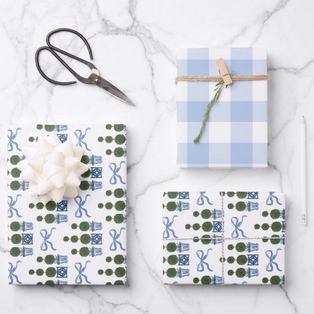 Chinoiserie Topiary Tree Blue Bow and Gingham Wrapping Paper Sheet (Front)