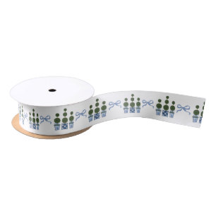 Chinoiserie Topiary Tree Blue Bow Satin Ribbon