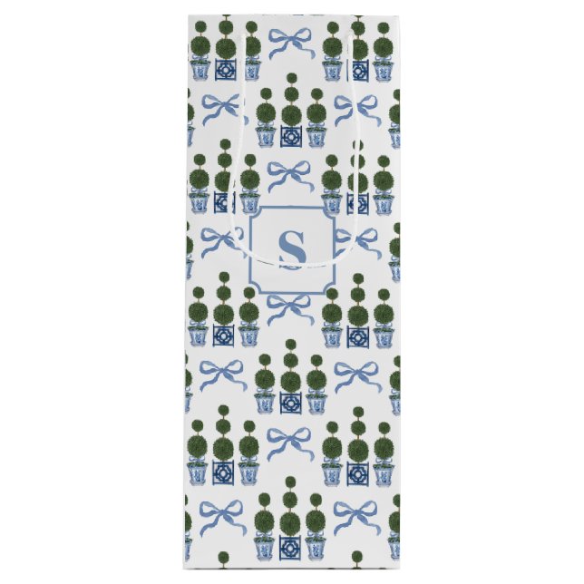 Chinoiserie Topiary Tree Blue Bow Wine Gift Bag (Front)