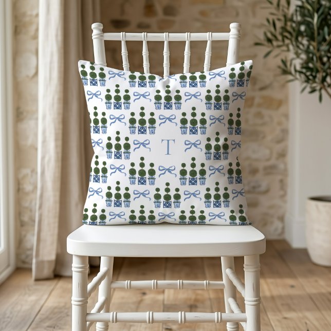 Chinoiserie Topiary Tree Bow Monogrammed Cushion (Topiary Tree Bow Monogram Pillow)