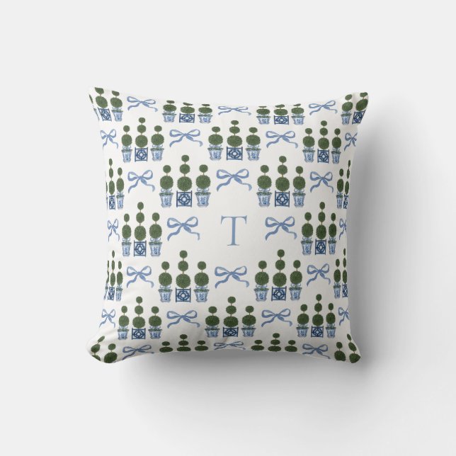Chinoiserie Topiary Tree Bow Monogrammed Cushion (Front)