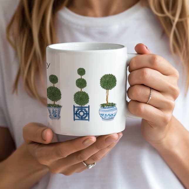 Chinoiserie Topiary Tree Trio Ceramic  Coffee Mug (personalized topiary tree chinoiserie mug custom name)