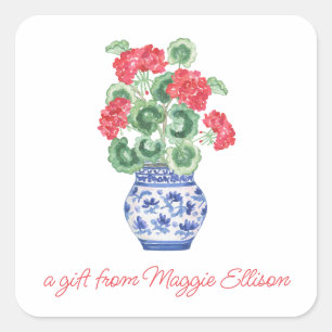 Chinoiserie Vase of Red Geraniums Gift Square Sticker